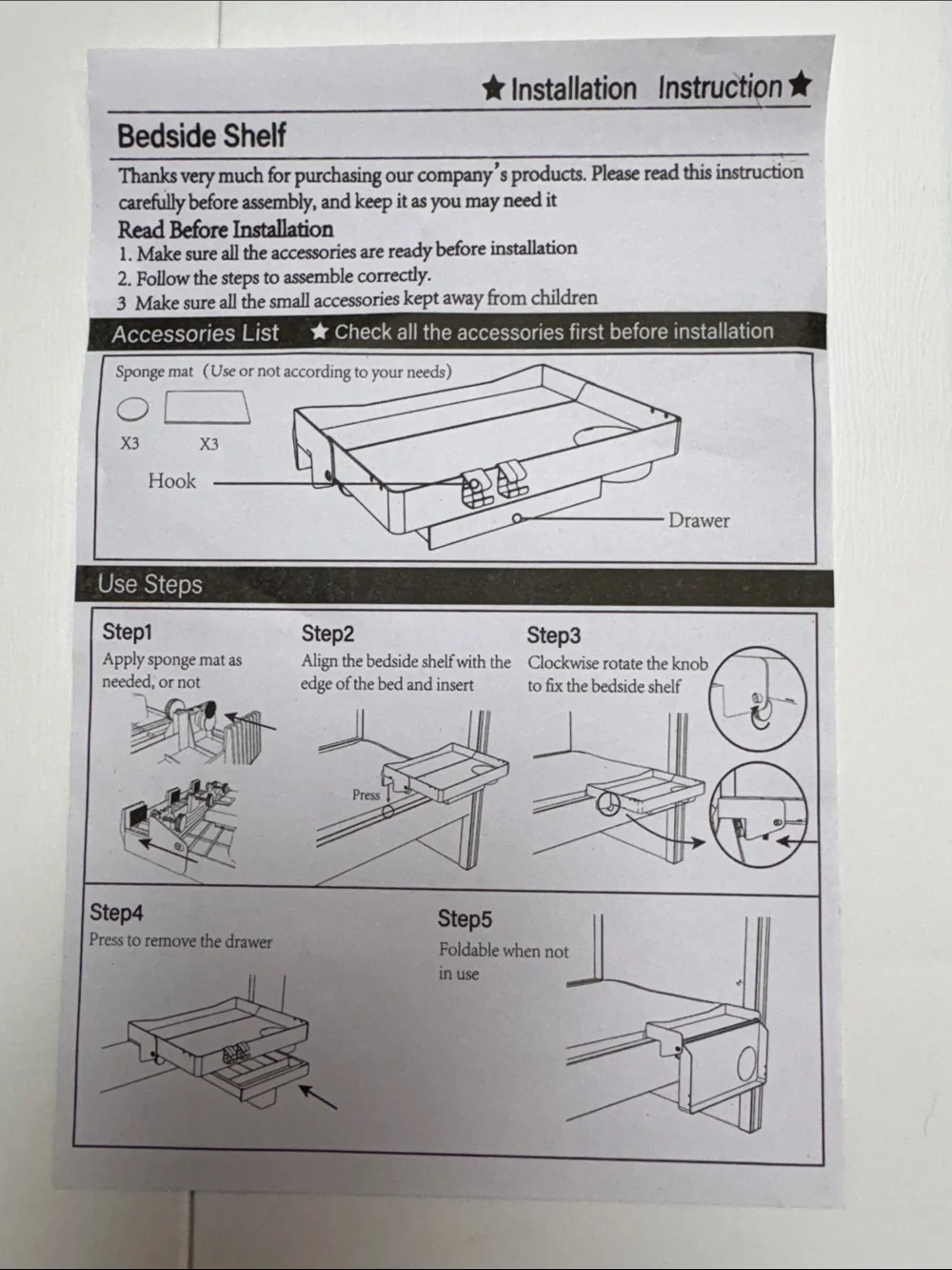 Clip-On Bedside Organizer Shelf with Drawer and Cup Holder - White